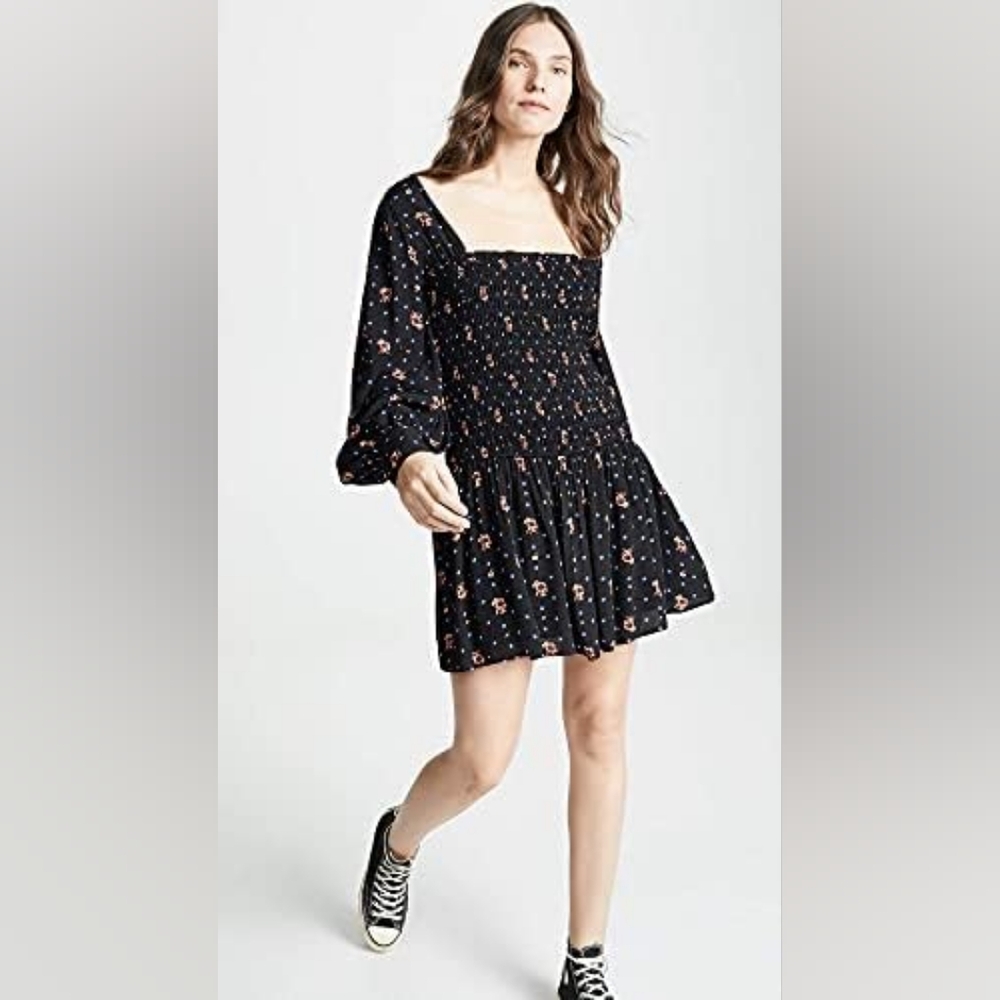 Free People Nwot Black Floral  ditzy Mini Dress Long Sleeves XS